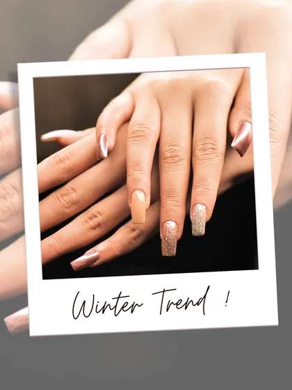 A stylized photo of the winter trend nails, showing how different textures and finishes can come together to create a cohesive and eye-catching look for any special occasion.