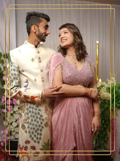 A closer look at this unique sherwani with peacock and deer motifs. It’s a piece of art that tells a story, perfect for a groom who appreciates fine details.