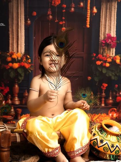 A playful peek through a peacock feather. This detailed Janmashtami setup is filled with marigolds, earthen pots, and other traditional elements to create an authentic feel.