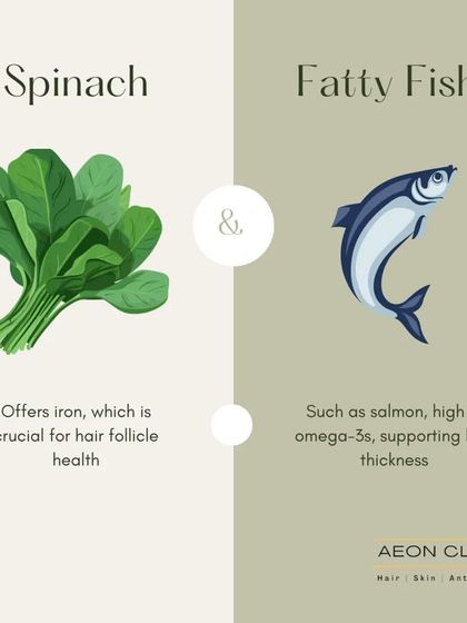 Foods for hair growth: Spinach offers iron, which is crucial for hair follicle health, while fatty fish like salmon are high in omega-3s to support hair thickness.