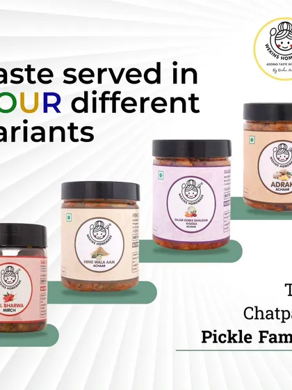 Meet the chatpata pickle family. We serve taste in four different variants: Lal Bharwa Mirch, Hing Wala Aam, Gajar Gobhi Shalgam, and Adrak Achaar.