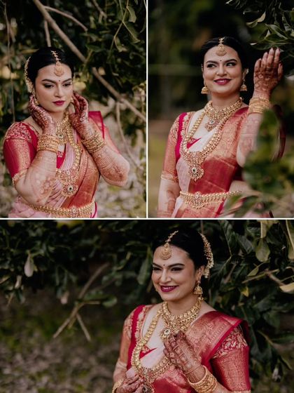 A collage of a bride's portraits in a natural setting, capturing her elegance and beautiful traditional attire.