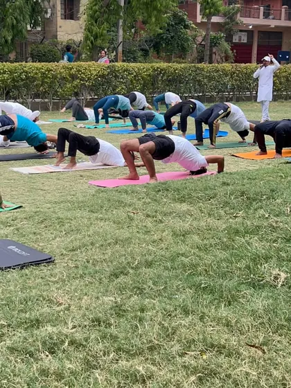 Participants practicing Chakrasana (Wheel Pose) during a large outdoor session. The open space and fresh air enhance the feeling of openness this pose provides.