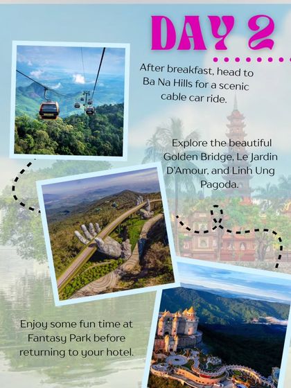 On Day 2, we journey to Ba Na Hills via a scenic cable car. The day is filled with exploring stunning sights like the Golden Bridge and Linh Ung Pagoda, soaking in inspiration from every angle.