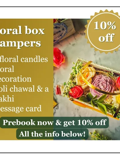 Announcing my Flower Bouquet Gift Hamper for Rakhi. This style includes four floral candles, decorations, and all the festive essentials. You can even pre-book to get a special discount.