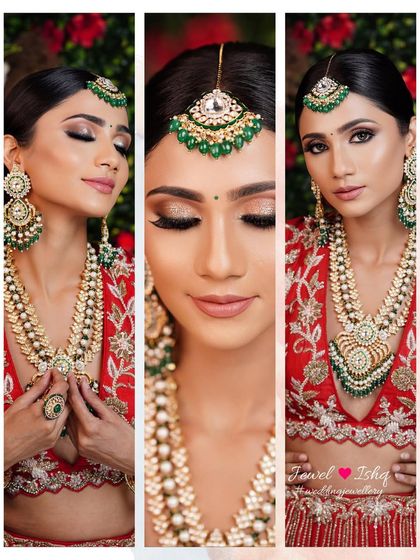 A three-panel image showing different expressions of the bride, all highlighting the beauty of the heavy kundan set and matching maang tikka.