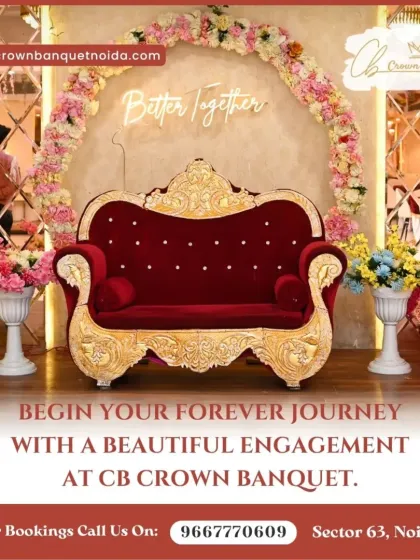 Your forever journey deserves a beautiful beginning. Our engagement stage setup, featuring a grand red velvet sofa and a floral arch with a neon sign, provides a stunning backdrop that is both elegant and perfect for photographs.