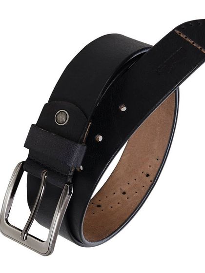 This classic black leather belt is designed for everyday professional use. It features a simple, durable construction with a standard silver-tone buckle for a clean, understated look.