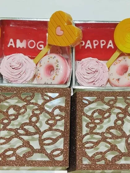 Look how colorful and fun these soap boxes are. I can create custom gift boxes with a mix of my novelty soaps, including cupcake soaps, donut soaps, candy soaps, and even soaps with personalized names.
