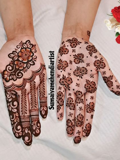 A very unique design with a floral bunch on one hand and a scattered rose pattern on the other.