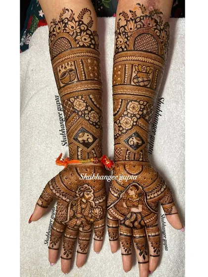 A full view of the previous design, showing how both hands work together. The arms feature bands of patterns that tell a story, including wedding symbols and decorative elephants.