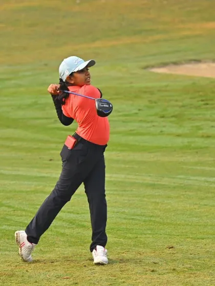An action shot of Aahana Shrivastava's powerful swing during the US Kids New Delhi Fall Local Tour.