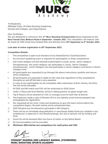 This is a look at the official circular for my first championship. I made it a point to state clearly that the competition is open to all shooters and no minimum qualifying score is required. This is my core belief: Sabko mauka milta hai.