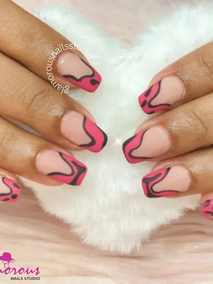 A fun and graphic design in pink and black. We used a negative space technique to create these abstract, lava-lamp-inspired shapes for a look that is playful and edgy.