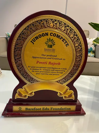 The "Junoon Compete" award plaque. It is always a privilege to contribute to events that promote the arts among children.