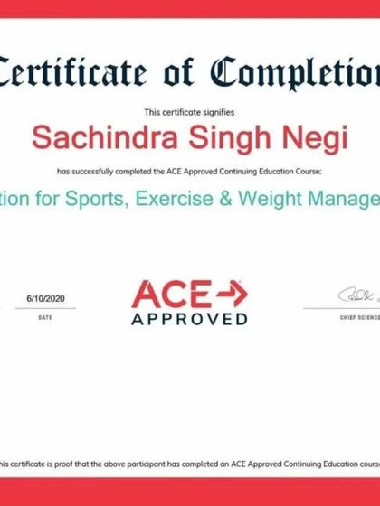 My ACE certification in Nutrition for Sports, Exercise, and Weight Management, allowing me to provide certified sports nutrition support.