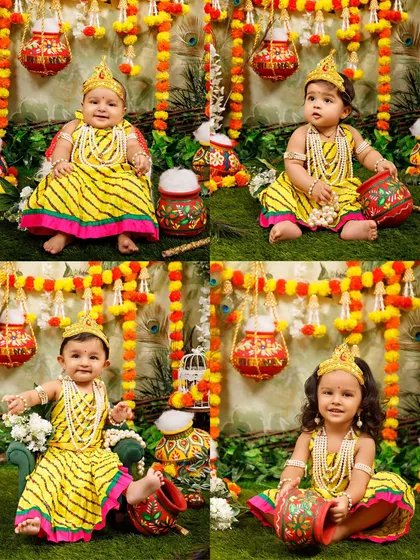 A collage of little Radhas used to promote the Janmashtami mini sessions and showcase the included costumes.