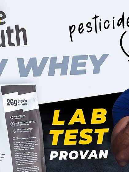 The Whole Truth Raw Whey: Half the Truth? A thumbnail for the lab test video, questioning the purity and presence of pesticides.