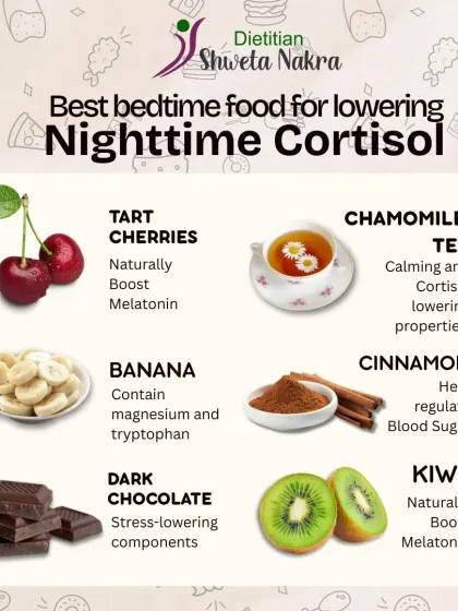 Having trouble sleeping? Certain foods can help lower nighttime cortisol, your stress hormone. Try tart cherries, chamomile tea, bananas, or a small piece of dark chocolate before bed.