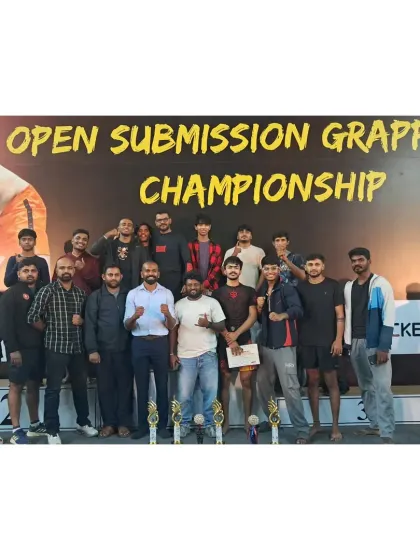 We win as a team. This is our crew after a successful run at the PKD Submission Grappling tournament. Every trophy and medal is a shared victory for the entire Bengaluru MMA family.