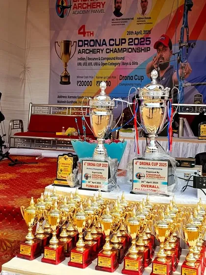 The results speak for themselves. This display of trophies and medals from the 4th Drona Cup Championship is a testament to the high level of competition and achievement at our events.