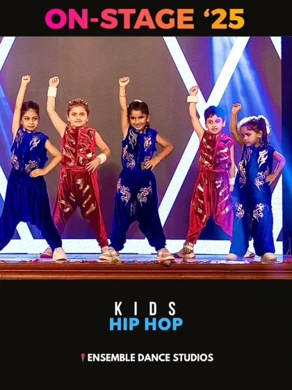 Striking a powerful pose. This Kids Hip Hop group from 'ON-STAGE '25' shows off the strength and coordination they've developed through our comprehensive dance training program.