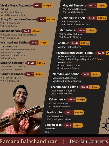 My concert schedule for the Dec-Jan Margazhi music season. This is always a busy and exciting time of year for musicians and rasikas in Chennai.