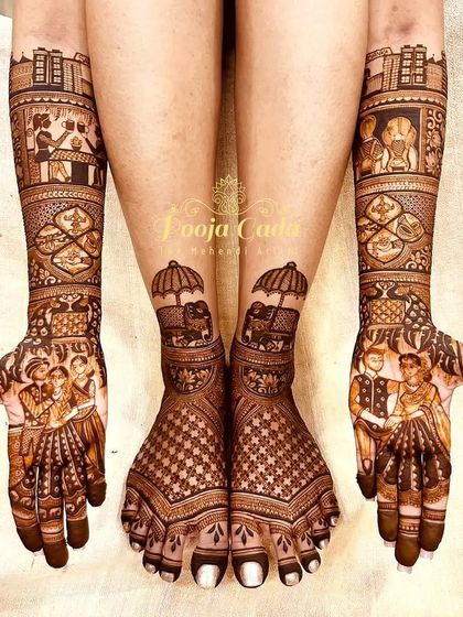 A complete bridal look, showing how the custom story-telling mehendi on the hands is complemented by beautiful, matching designs on the feet.