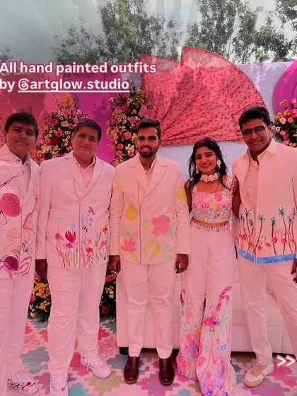 There is nothing more special than seeing my art bring a family together. I hand-painted these coordinated floral outfits for an entire family to wear at a wedding celebration, creating a beautiful, unified look that was full of personal meaning.