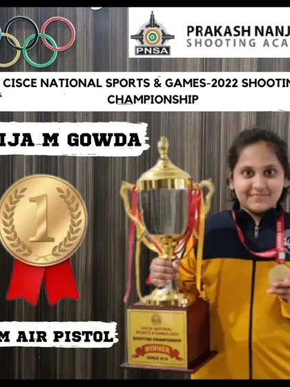 This is Dvija M Gowda, a champion from our academy, celebrating her gold medal win in the 10M Air Pistol at the CISCE National Sports & Games. Her success is a testament to our training philosophy.