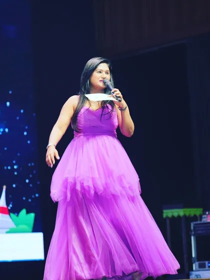 A full-length shot of my purple gown, perfect for an evening of awards and recognition.