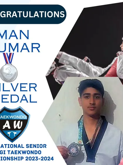 Aman Kumar celebrating his Silver Medal win at the 39th National Senior Kyorugi Taekwondo Championship.