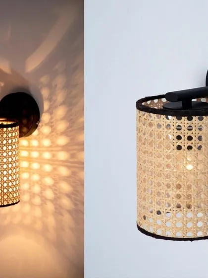 A closer look at our cylindrical cane wall sconce, shown both off and on. When lit, the classic octagonal weave creates a beautiful play of light and shadow on the wall, adding a decorative touch to hallways or living areas.