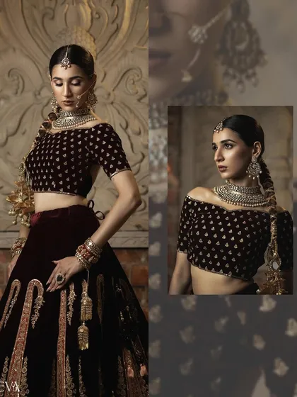 A composite image displaying both a full-length and a close-up view of the bridal lehenga. This style is perfect for editorial content, showing both the overall look and the finer details of the outfit.