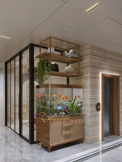 We love to integrate natural elements into our designs. This custom unit by the elevator features an aquarium, bringing life and tranquility to the passageway.