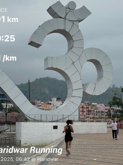 A 15 km run in my hometown, Haridwar, with the iconic Om sculpture in the background. Running along the Ganga is a spiritual experience that rejuvenates my soul. I always make time to train, no matter where I am.