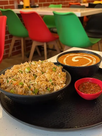 A classic shot of my Bamboo Rice, served with its accompanying gravy and spicy chutney. The combination of textures and flavours makes this one of my most requested dishes.