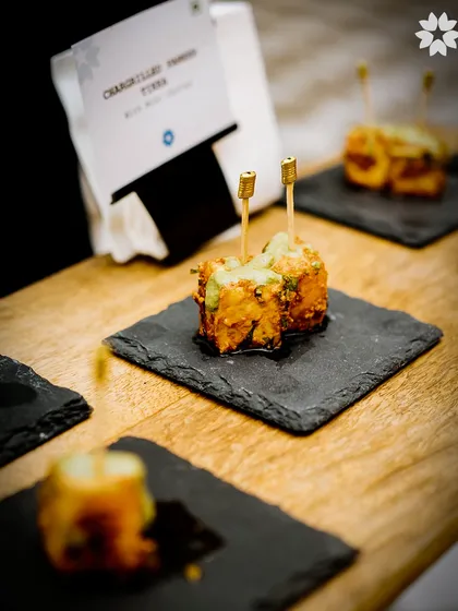 Our Charmoula Grilled Paneer Tikka, served on individual slate platters. This bite sized appetiser packs a punch of flavour and is perfect for pass around service at any celebration.