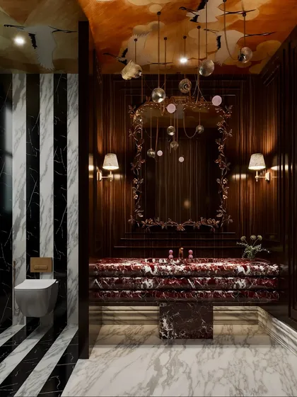 A boutique washroom visualization that exudes drama. I focused on rendering the rich red marble vanity and the dark, moody wood paneling, with an ornate mirror and artistic ceiling mural adding layers of opulence.