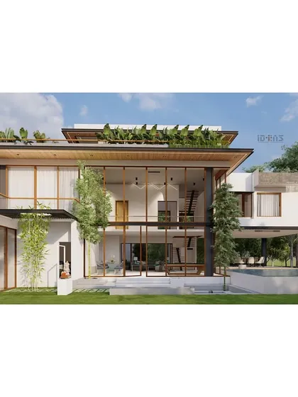This 3D visualization shows our design for a modern weekend home. The concept integrates extensive rooftop gardens and green balconies, using a lightweight PEB structure to create a luxurious retreat that feels completely immersed in nature.
