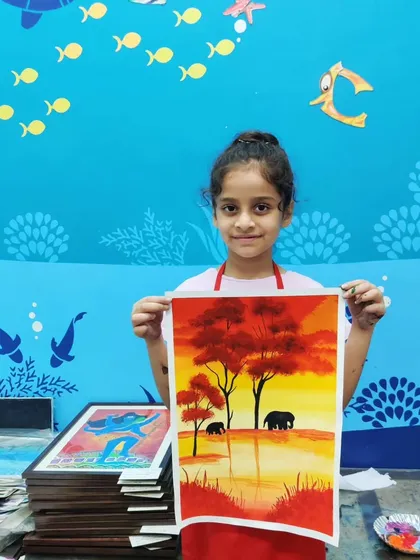 Inspired by the touching documentary "The Elephant Whisperers," this young artist paints a beautiful tribute showing the bond between elephants in a warm sunset landscape.