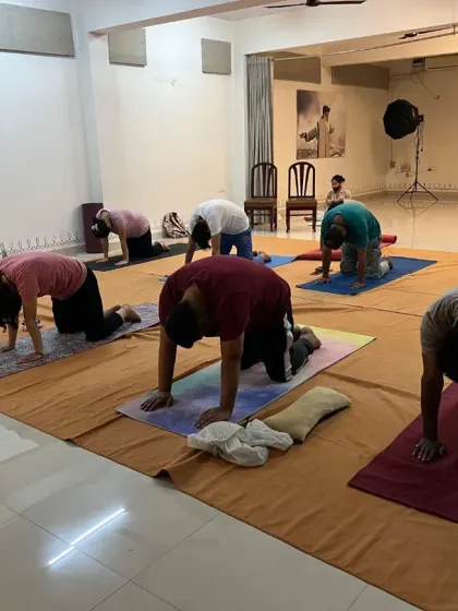 A full class practices a sequence from Surya Kriya together, their movements synchronized in a wave of energy.