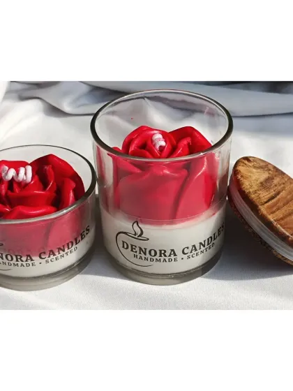 The two sizes of the rose jar candle, shown with the lid off the larger one.
