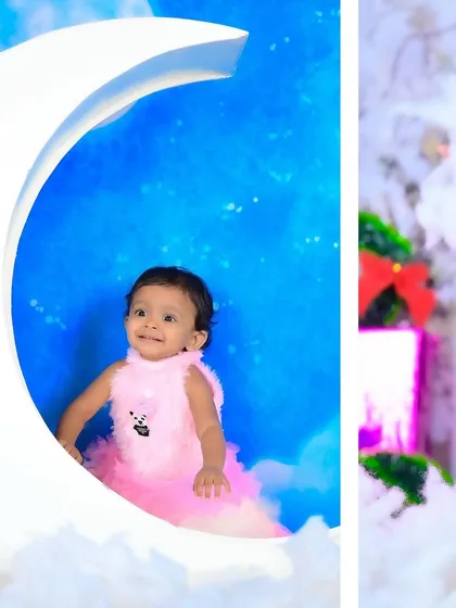 A collage of a "baby on the moon" theme and a Christmas theme.