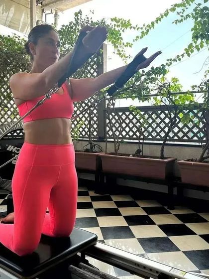 Kareena Kapoor Khan looking powerful and focused. This image captures the essence of our training: building strength and grace through precise, controlled movements on the Reformer.