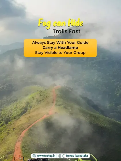A safety tip graphic reminding trekkers that fog can hide trails fast, advising them to stay with the guide.
