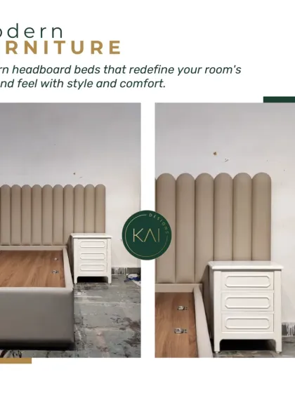 A modern bed with a vertically channeled, rounded headboard in a neutral beige fabric. This design, paired with simple white nightstands, offers a clean, contemporary look that emphasizes comfort and style.