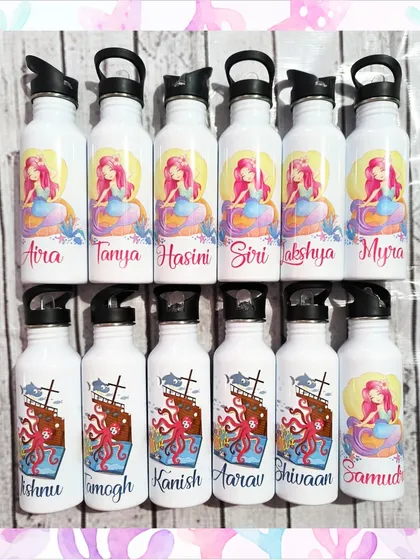 Another look at the personalized mermaid and pirate-themed water bottles, showing the sipper cap option which is great for younger kids.