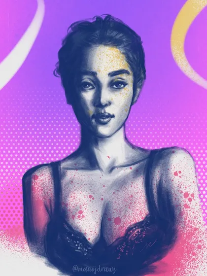 I took the 30-minute study and experimented by adding splashes of color and texture. It shows how a simple sketch can be transformed into something more abstract and expressive.