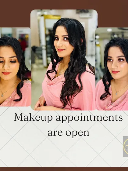 A soft and natural party makeup look. The client's simple pink suit is paired with subtle makeup and soft curls, perfect for a daytime event.